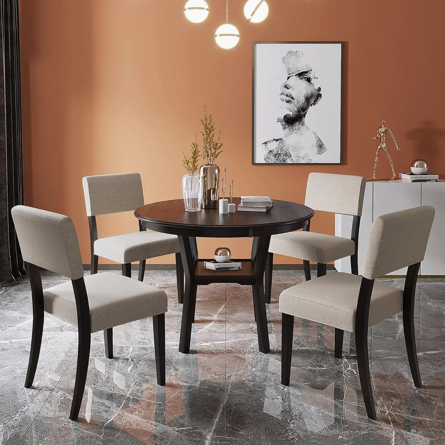 5-Piece Round Dining Table Set, Extendable Table with 4 Upholstered Chairs, Dining Room Table Sets, Kitchen Tables sets