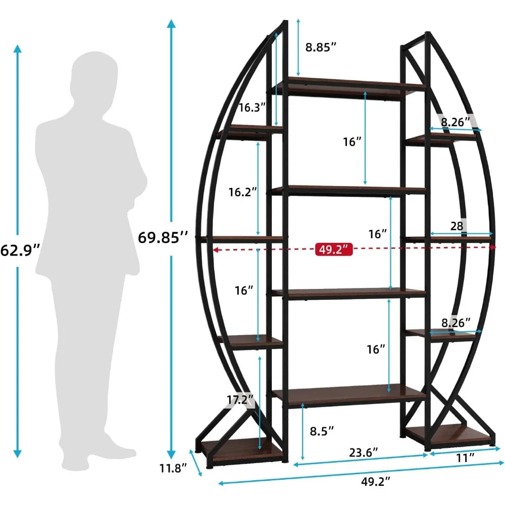 Oval Bookshelf 5 Tier Industrial Bookcases,Standing Tall Bookshelves Storage for Books, Farmhouse Wood and Metal Display Shelves