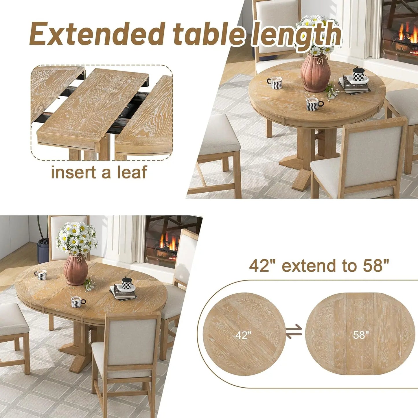 5-Piece Round Dining Table Set, Extendable Table with 4 Upholstered Chairs, Dining Room Table Sets, Kitchen Tables sets