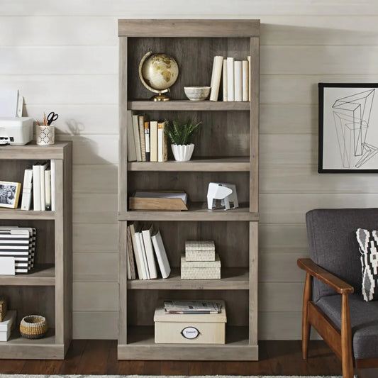 5 shelves of bookcases, study bookshelves with rustic grey finish