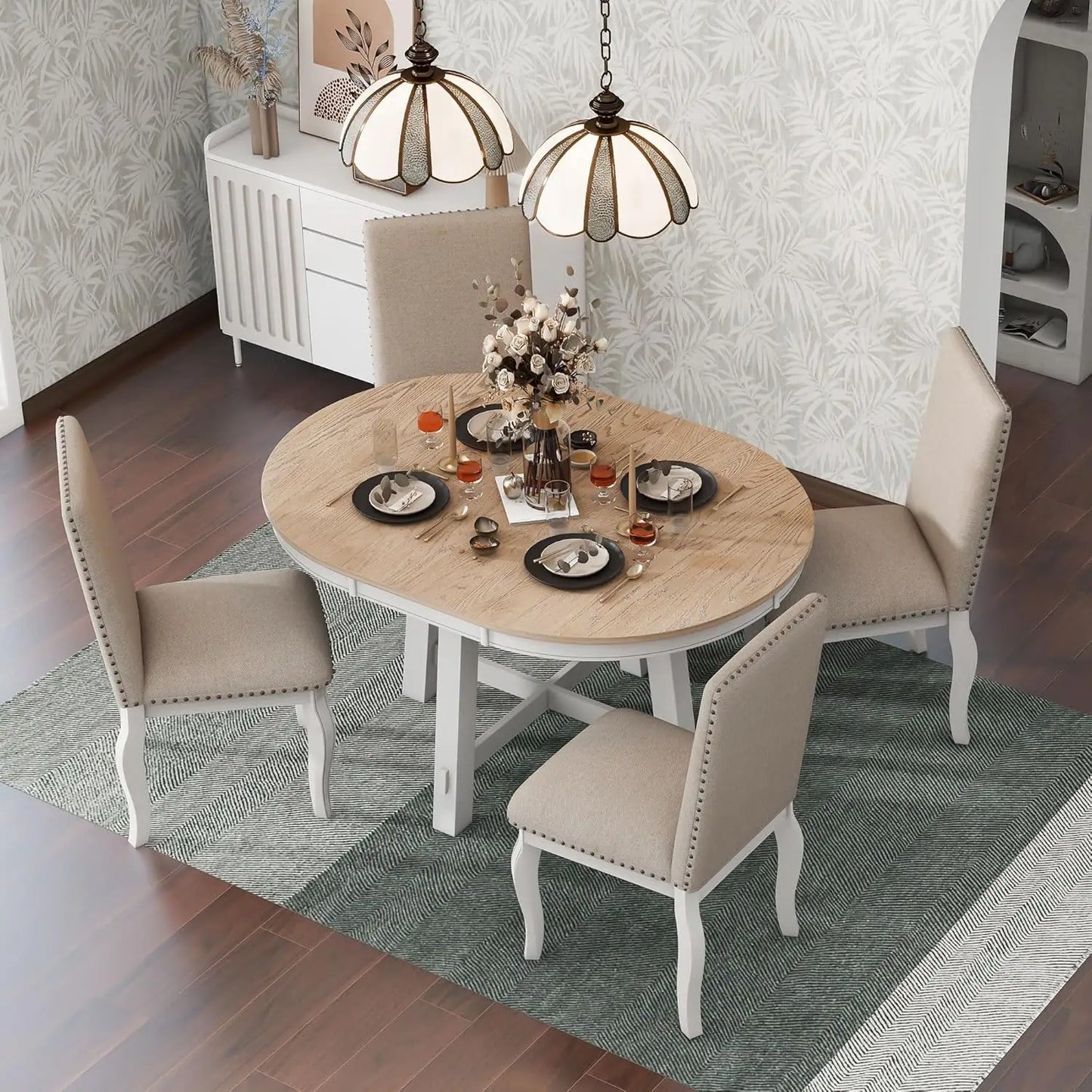 5-Piece Round Dining Table Set, Extendable Table with 4 Upholstered Chairs, Dining Room Table Sets, Kitchen Tables sets