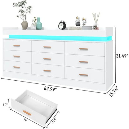 Modern Dresser 9 Drawer with LED Light,Wide Drawer Organizer Cabinet for Bedroom Living Room Chest  for Closet of Wood Drawers