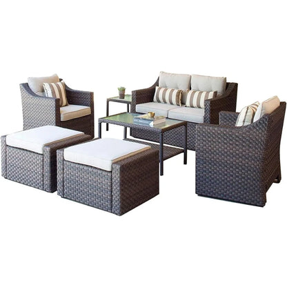 Outdoor Patio Furniture Set 7-Piece Wicker Conversation  Lounge Chairs with Ottoman & Loveseat with Glass Coffee Table Pillow