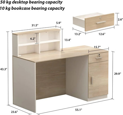 Reception Desk with Counter & Lockable Srotage Drawers, for Salon Reception Room Checkout Office, Natrual