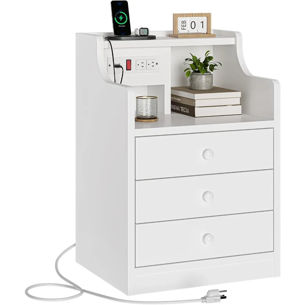 Nightstand with Charging Station,Black Night Stand for Bedroom,End Table with Hutch & Storage Drawers