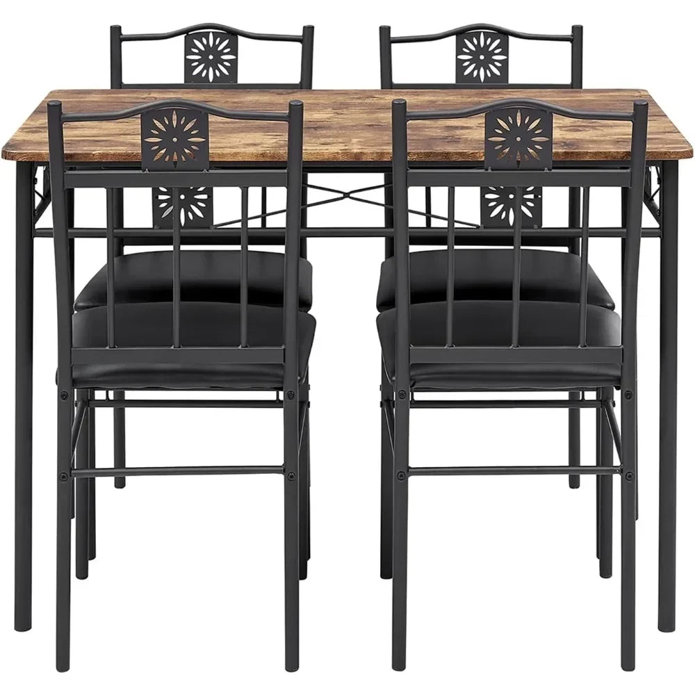 Kitchen Dining Room Table Sets for 4, 5 Piece Metal and Wood Rectangular Breakfast Nook,Dinette with Chairs,Brown