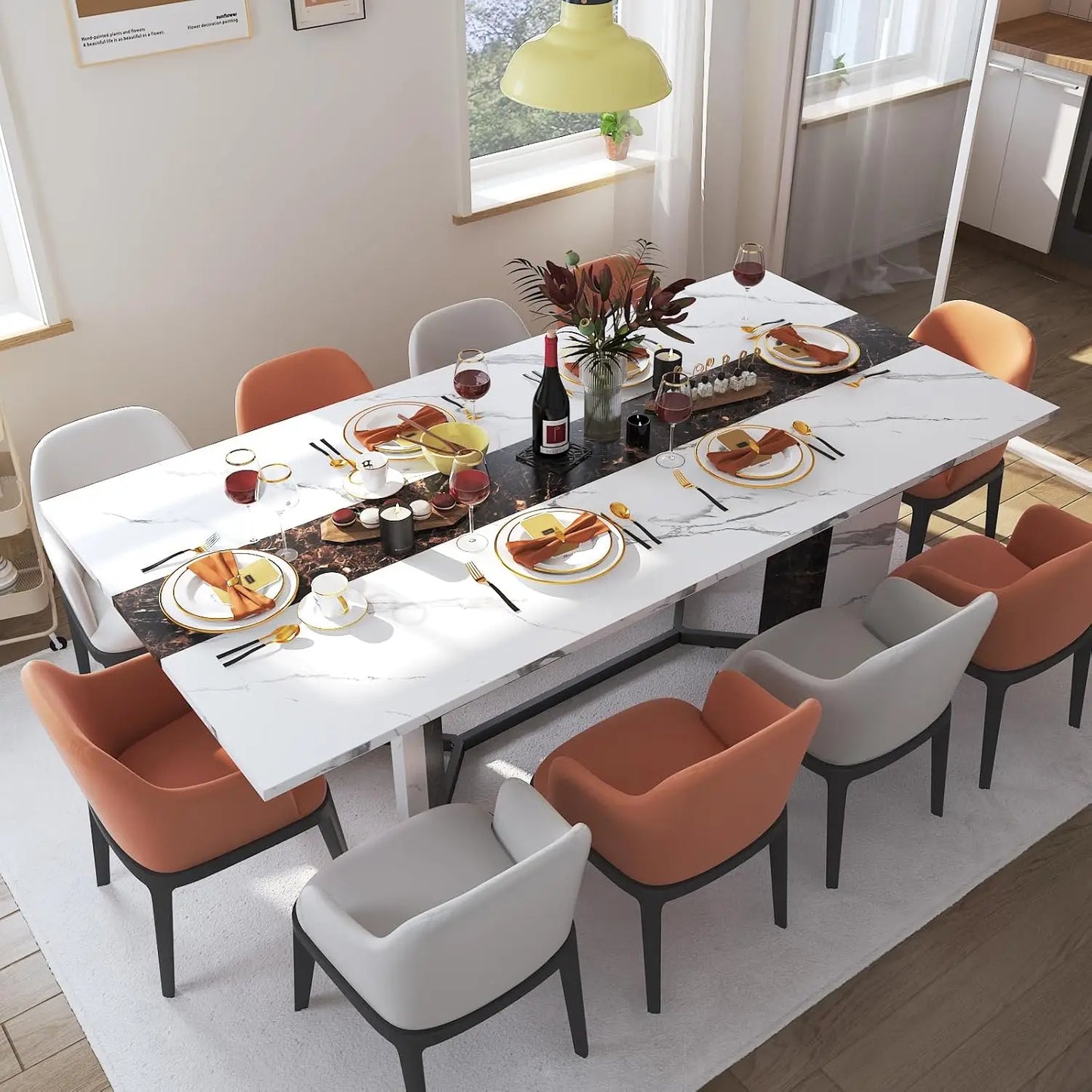 71In Large Rectangular White Dining Table for 4 5 6 7 8 People w/35 Wood Watrproof Tabletop,Adjustable Leg.6ft Luxurious Family