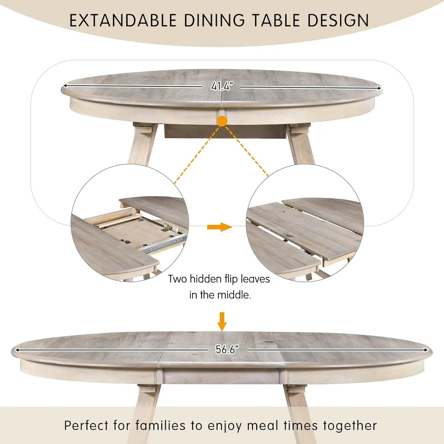 5-Piece Round Dining Table Set, Extendable Table with 4 Upholstered Chairs, Dining Room Table Sets, Kitchen Tables sets