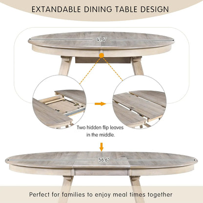 5-Piece Round Dining Table Set, Extendable Table with 4 Upholstered Chairs, Dining Room Table Sets, Kitchen Tables sets