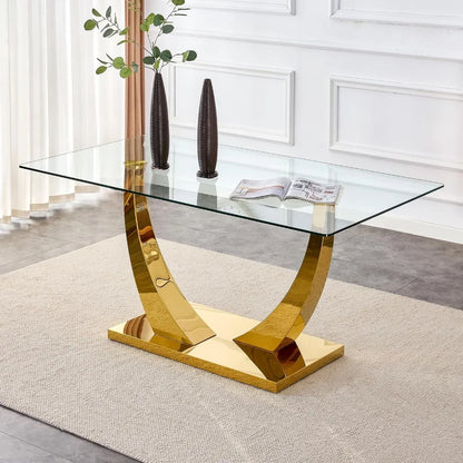 White marble dining table, 63 inch rectangular, imitation marble glass tabletop, gold MDF base, modern marble dining table