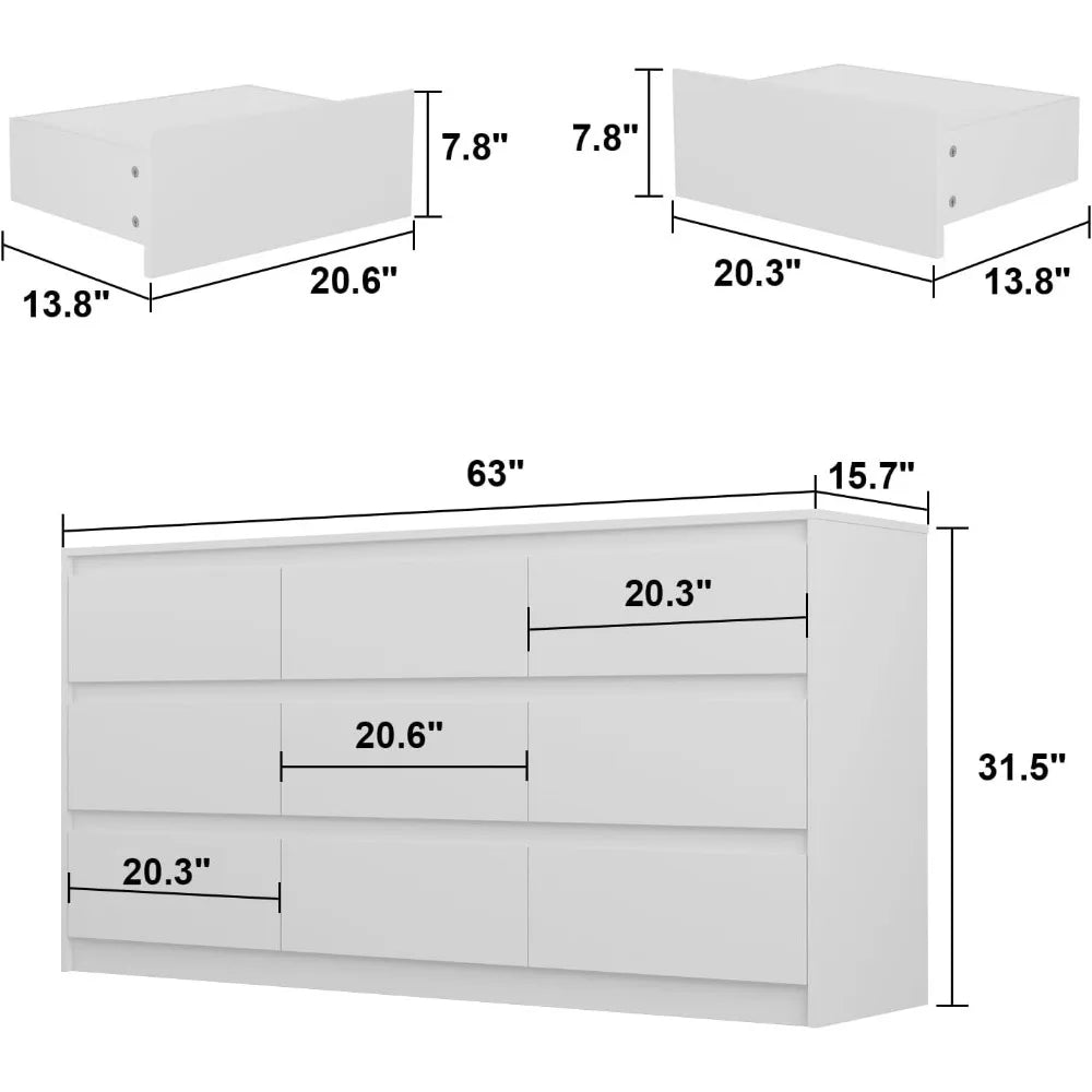 9 White Drawer Dressers, Modern Large Dresser,Wooden Long Dresser with 9 Handle Free Drawers, Storage Chest of Drawers