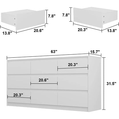 9 White Drawer Dressers, Modern Large Dresser,Wooden Long Dresser with 9 Handle Free Drawers, Storage Chest of Drawers