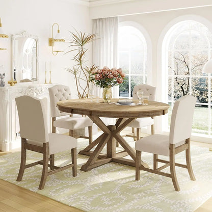 5-Piece Round Dining Table Set, Extendable Table with 4 Upholstered Chairs, Dining Room Table Sets, Kitchen Tables sets