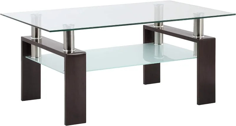 Rectangle Glass Coffee Table 2-Tier Tea Table Modern Side Coffee Table for Living Room