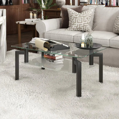 Clear Glass Coffee Table Metal Tube (All-Black)