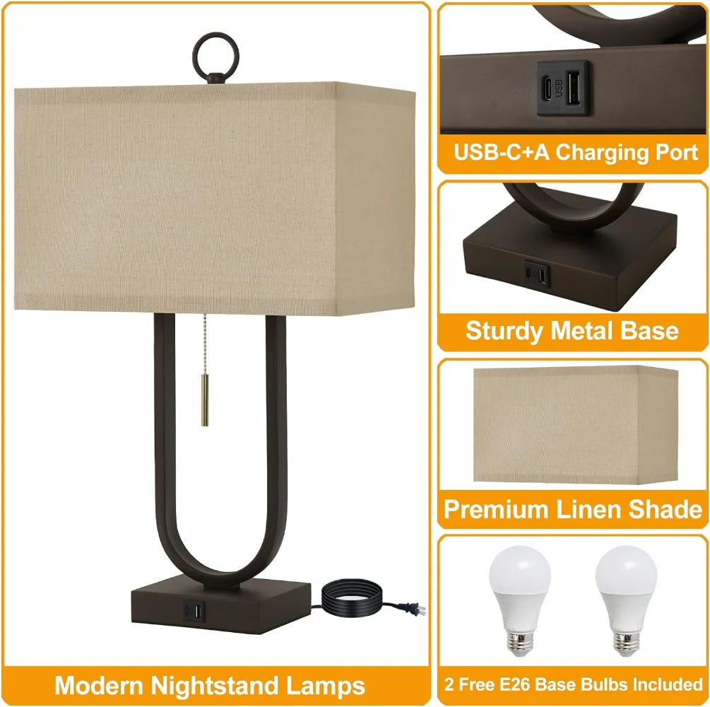 Luvkczc Nightstand Lamps Set of 2 with USB C+A Ports, 24'' Tall Table Lamp with Two 3000K LED Bulbs, Linen Lampshade