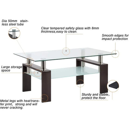 Clear Glass Coffee Table Metal Tube (All-Black)