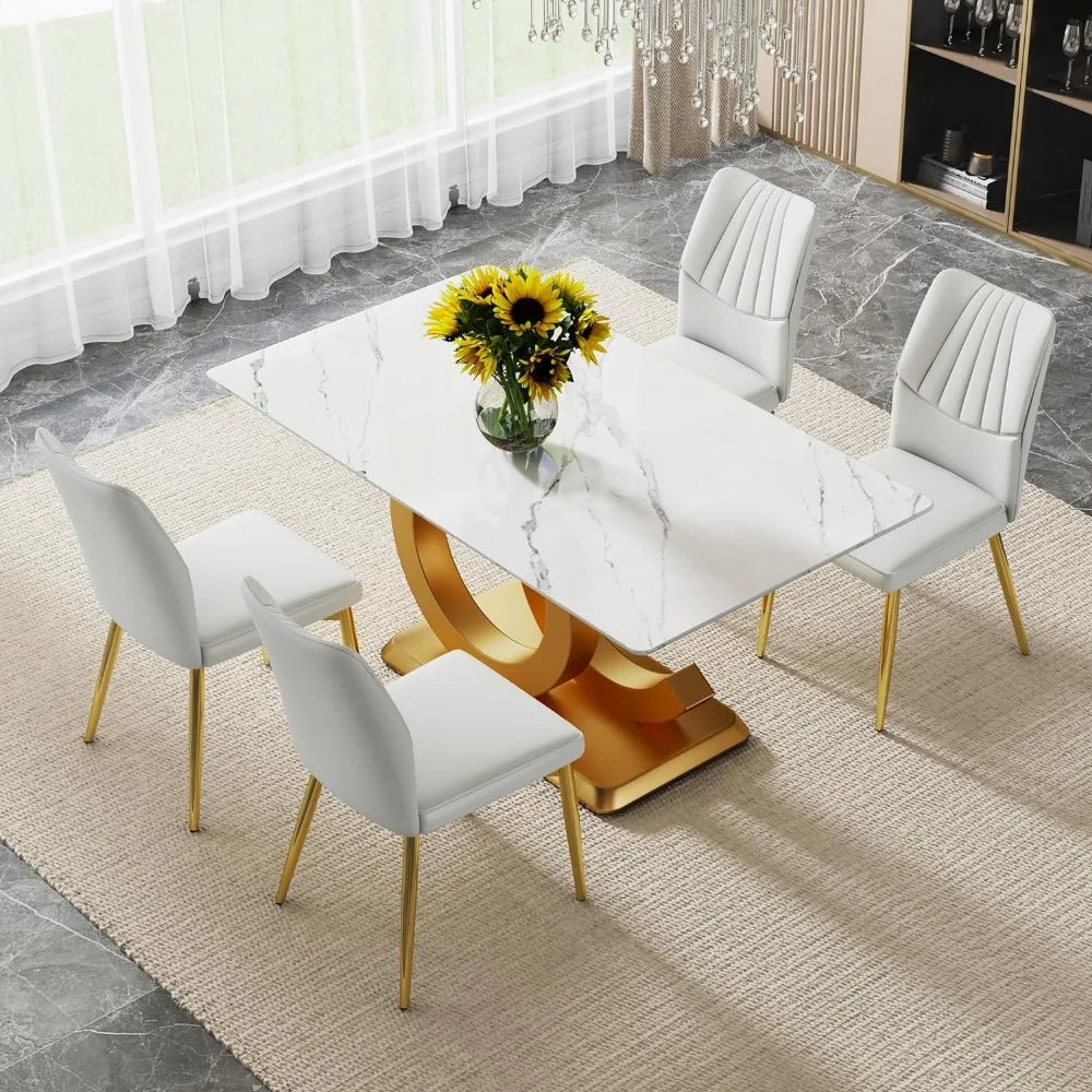 White marble dining table, 63 inch rectangular, imitation marble glass tabletop, gold MDF base, modern marble dining table