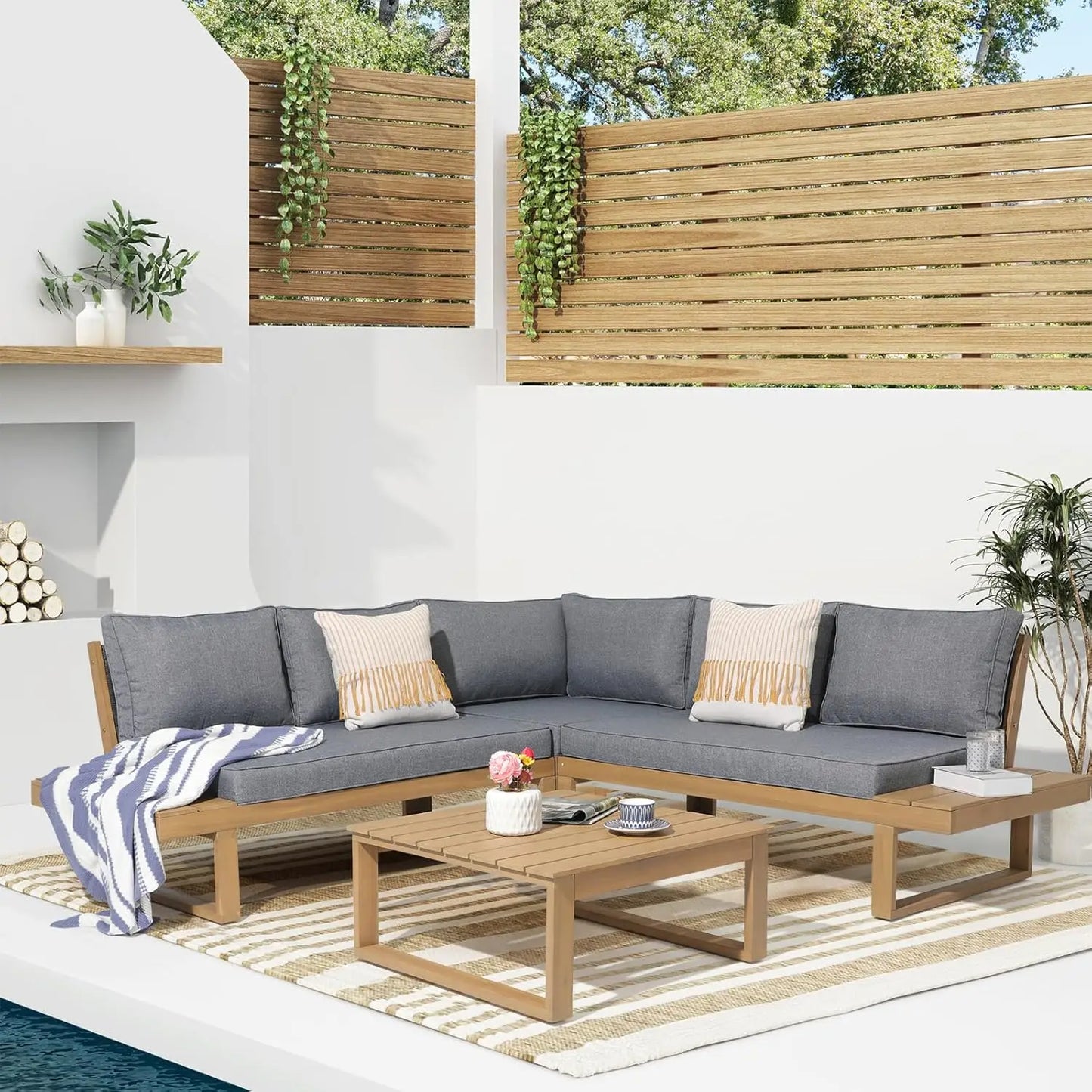 4 Piece Acacia Wood Patio Furniture Set, L-Shaped Outdoor Sectional Sofa with Coffee Table, Built-in Side Table, Cushions