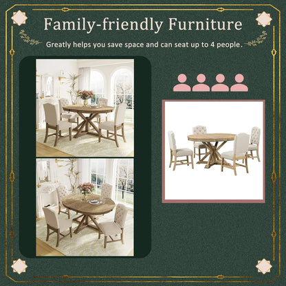 5-Piece Round Dining Table Set, Extendable Table with 4 Upholstered Chairs, Dining Room Table Sets, Kitchen Tables sets