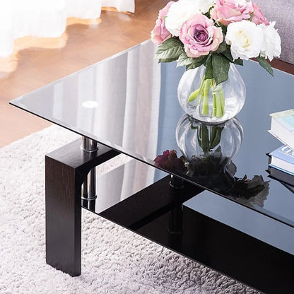 Rectangle Glass Coffee Table 2-Tier Tea Table Modern Side Coffee Table for Living Room