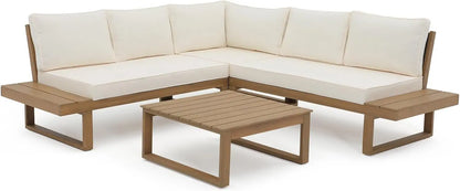 4 Piece Acacia Wood Patio Furniture Set, L-Shaped Outdoor Sectional Sofa with Coffee Table, Built-in Side Table, Cushions