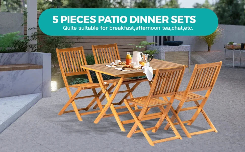 5PCS Acacia Wood Outdoor Dining Set Folding Table with 4 Chairs Patio Garden Furniture Set for Patio, Deck, Yard