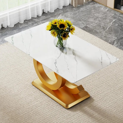 White marble dining table, 63 inch rectangular, imitation marble glass tabletop, gold MDF base, modern marble dining table