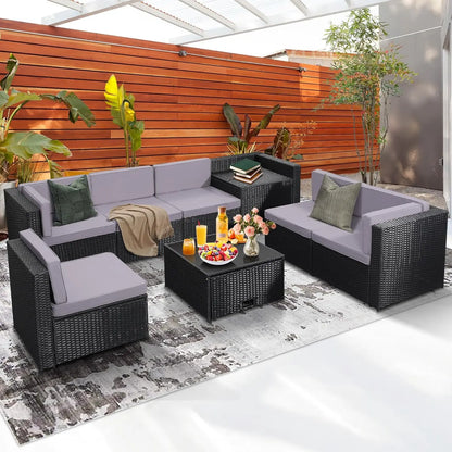 8 Pieces Outdoor Wicker Rattan Patio Furniture, Sectional Set, Glass Top Table, 7 Sofa Sections, Oversized Cushions