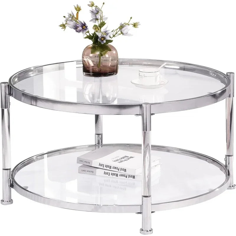 LifeSky Acrylic Glass Coffee Table - Round Coffee Tables with Metal Frame - Modern Tea Table for Living Room Chrome