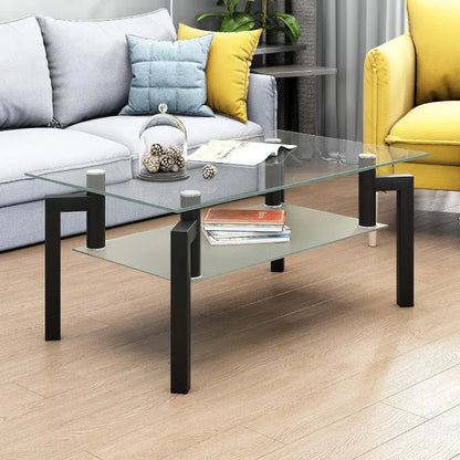 Clear Glass Coffee Table Metal Tube (All-Black)