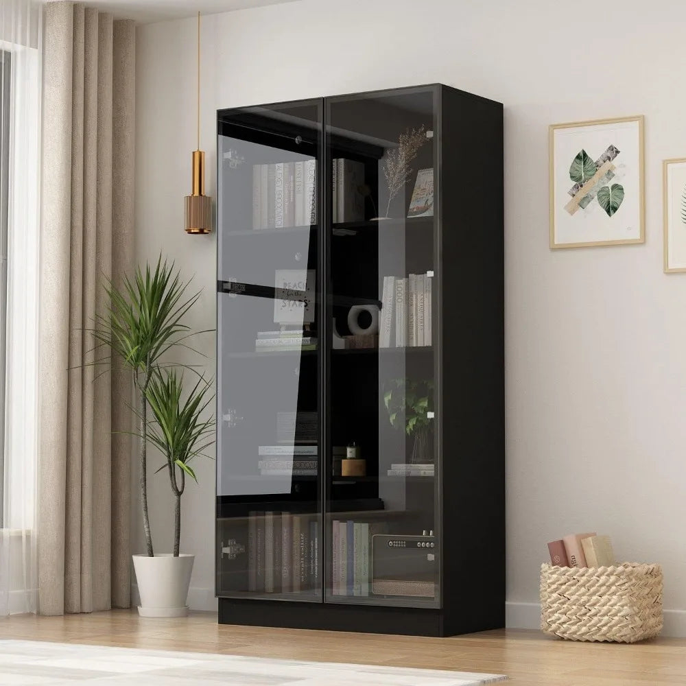 Display Cabinet with Glass Doors and Lights, 4-Tier Storage Shelves, Pop-up Design,  Display Case Cabinet Black