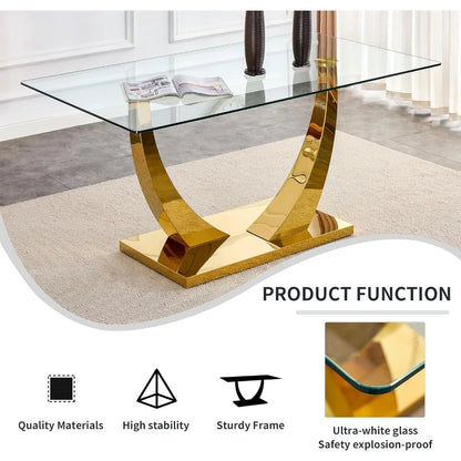 White marble dining table, 63 inch rectangular, imitation marble glass tabletop, gold MDF base, modern marble dining table