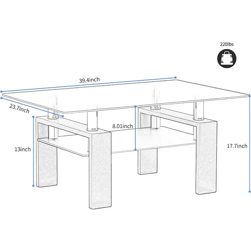 Clear Glass Coffee Table Metal Tube (All-Black)