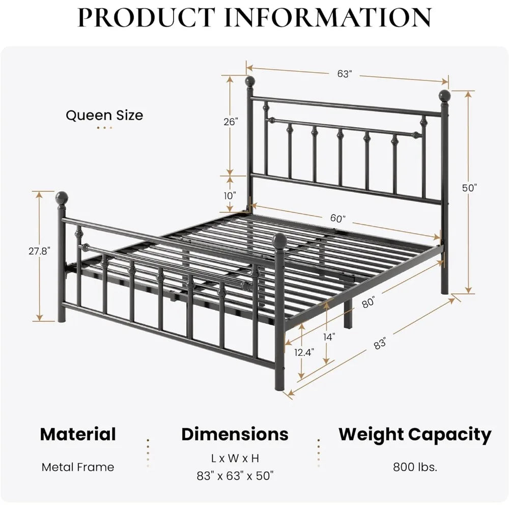 14'' Queen Size Metal Platform Bed Frame/Victorian Headboard and Footboard/Steel Slats Mattress Foundation for Storag