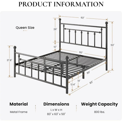 14'' Queen Size Metal Platform Bed Frame/Victorian Headboard and Footboard/Steel Slats Mattress Foundation for Storag