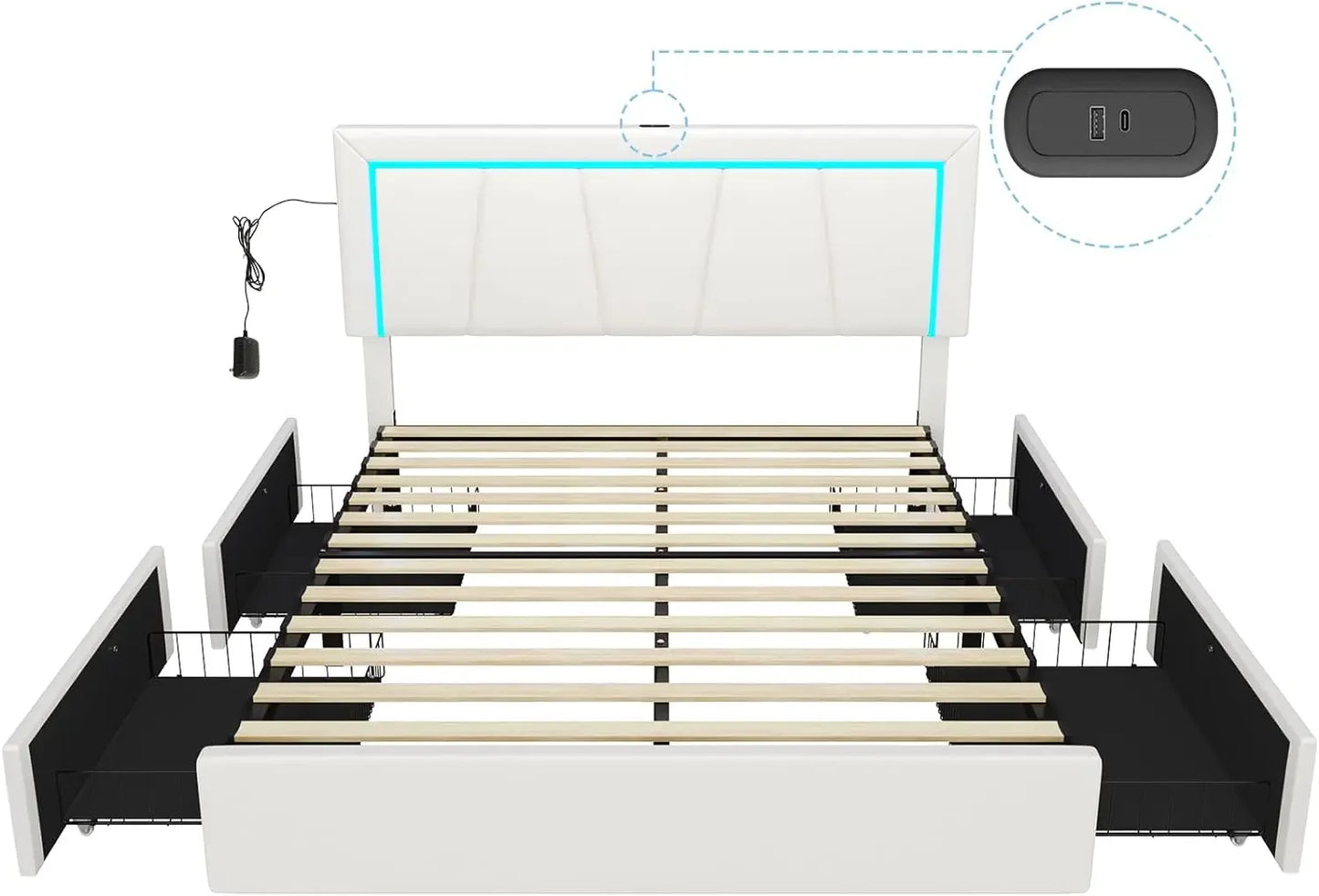 Queen Size LED Bed Frame, with Storage Drawer and USB Port, Modern Faux Leather Upholstered Headboard