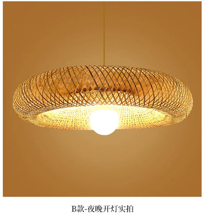 Bamboo Hand Weaving Pendant Light 40cm Hanging LED Ceiling Lamp Chandelier Fixture Rattan Hand Craft Woven Home Bedroom Decor