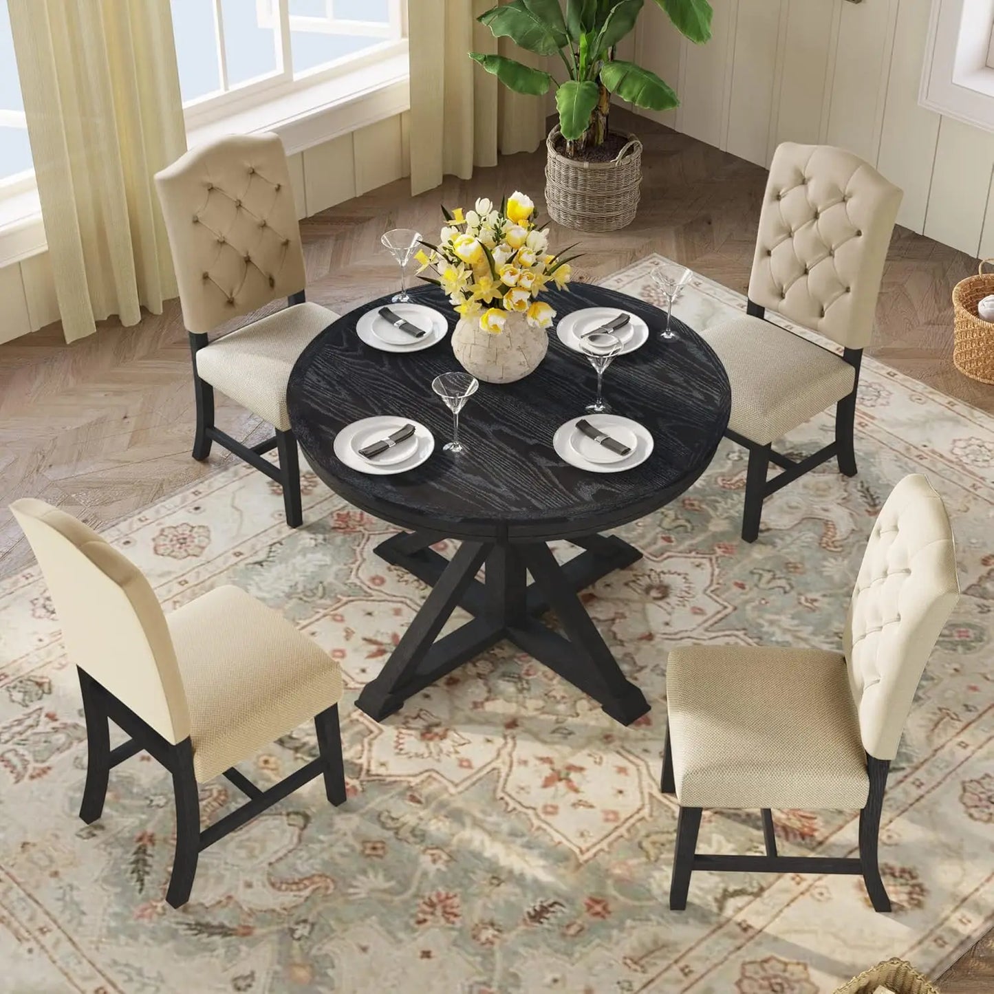 5-Piece Round Dining Table Set, Extendable Table with 4 Upholstered Chairs, Dining Room Table Sets, Kitchen Tables sets