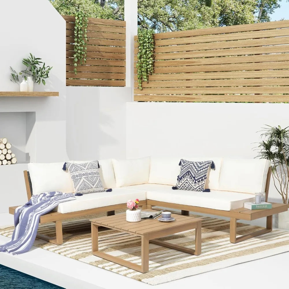 4 Piece Acacia Wood Patio Furniture Set, L-Shaped Outdoor Sectional Sofa with Coffee Table, Built-in Side Table, Cushions