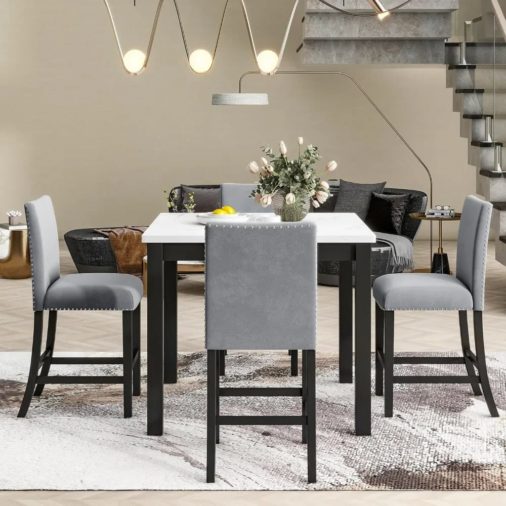 5 Piece Dining Room Table Set for Kitchen with Faux Marble Dining Table and 4 Upholstered-Seat Chairs,Living Room Furniture