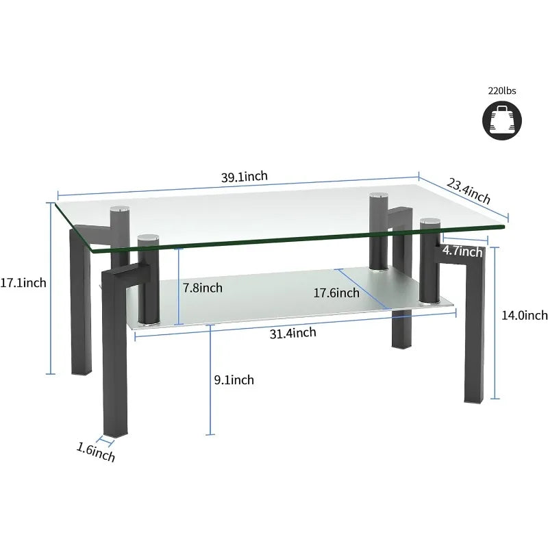 Clear Glass Coffee Table Metal Tube (All-Black)