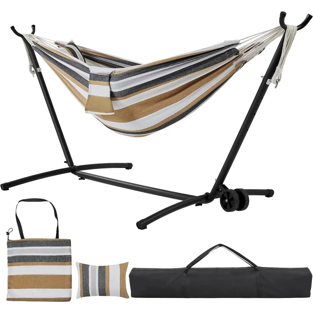 2-People Hammock w/Wheeled Stand Set, Heavy-Duty Portable Hammock Frame Included Wheels & Storage Bag & Carrying Bag