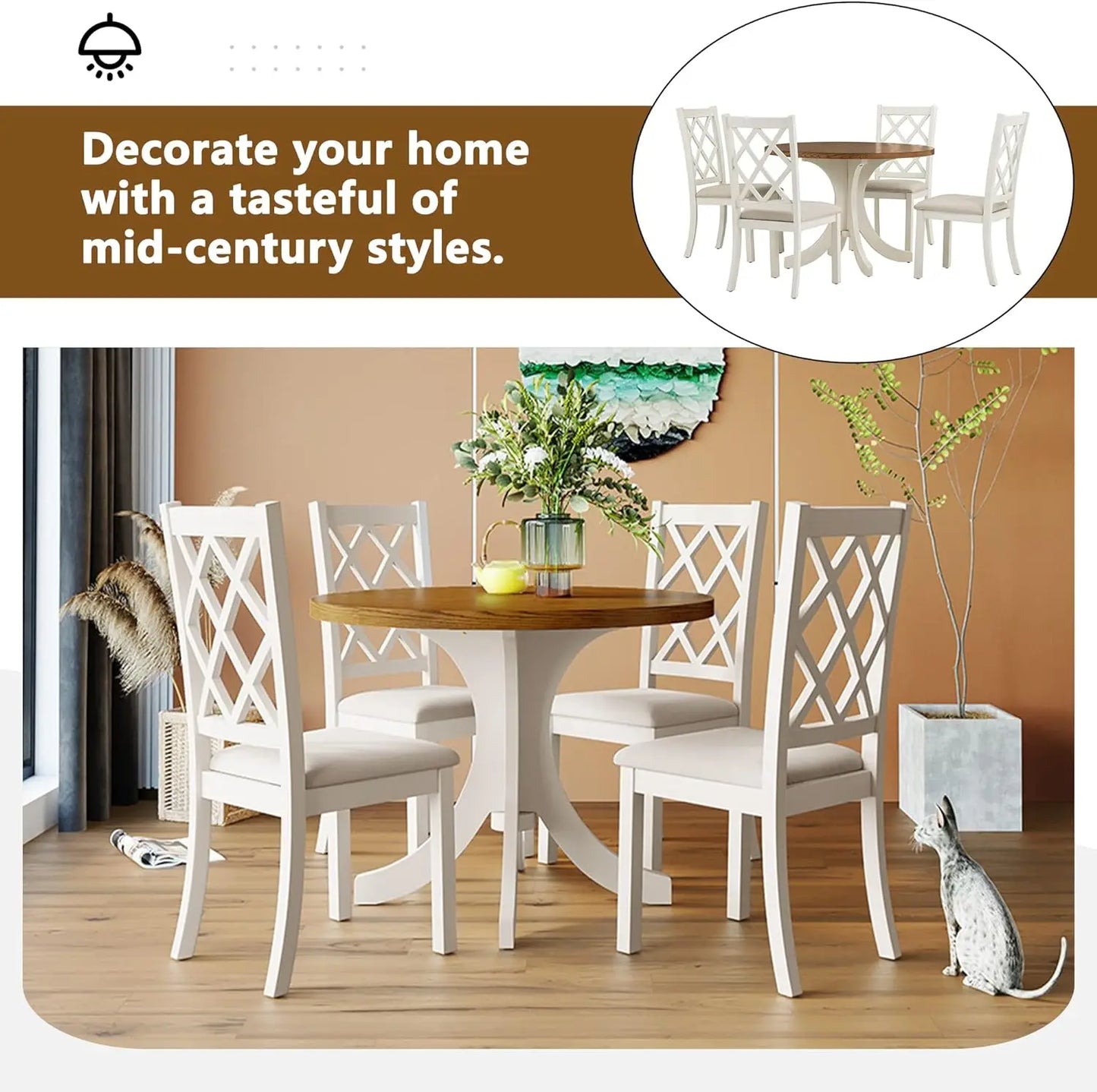 5-Piece Round Dining Table Set, Extendable Table with 4 Upholstered Chairs, Dining Room Table Sets, Kitchen Tables sets