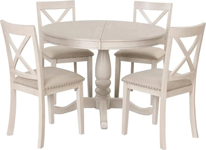 5-Piece Round Dining Table Set, Extendable Table with 4 Upholstered Chairs, Dining Room Table Sets, Kitchen Tables sets