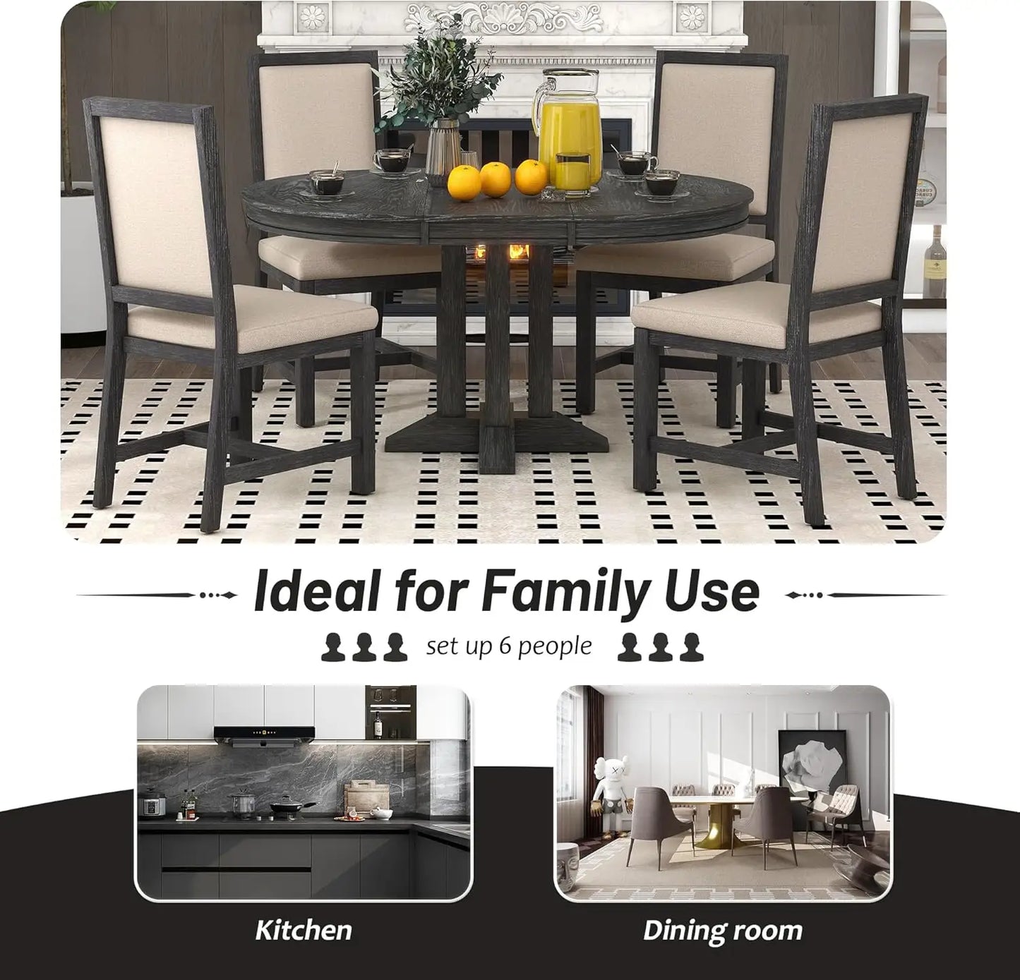 5-Piece Round Dining Table Set, Extendable Table with 4 Upholstered Chairs, Dining Room Table Sets, Kitchen Tables sets