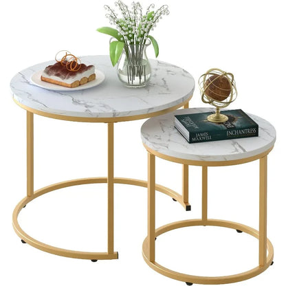 Coffee Table Nesting White Set of 2 Side Set Golden Frame Circular and Marble Pattern Wooden Tables, Living Room Bedroom