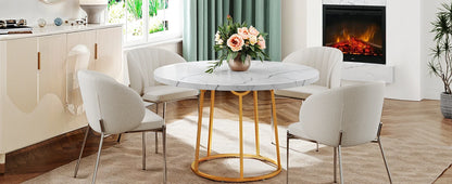 Round Dining Table 47.24 Inch Kitchen Table for 4 People Wooden Marble Pattern Dinner Room Table with Gold Base for Home Room