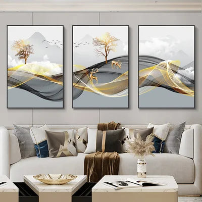 3 Pieces Nordic Luxury Ribbon Abstract Landscape Wall Art Canvas Paintings Modern Gold Deer Poster Print Picture for Home Decor