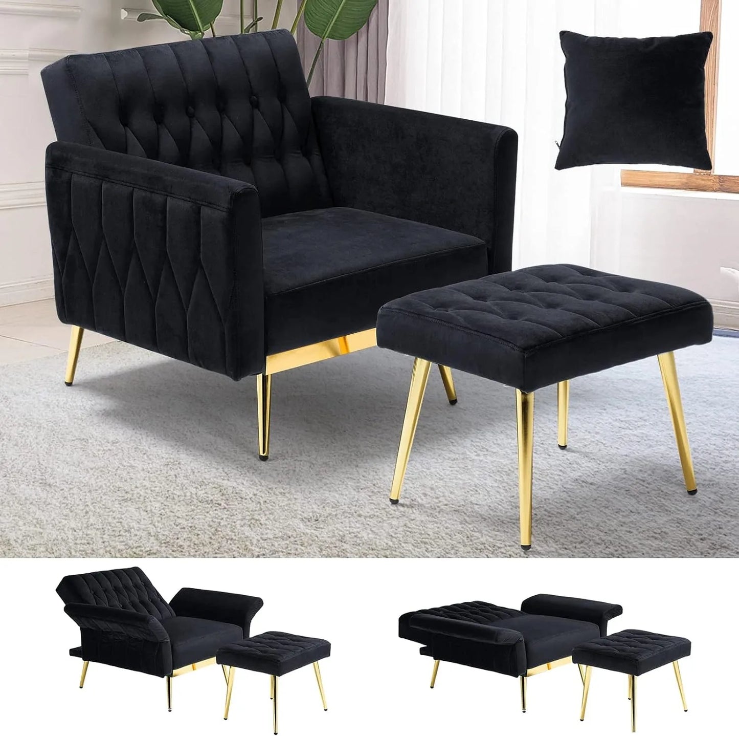 Velvet Accent Chair with Adjustable Armrests and Backrest, Button Tufted Lounge Chair, Single Recliner Armchair with Ottoman